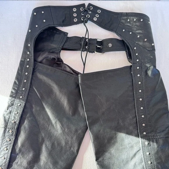 Black Leather Chaps Silver Studs Hot Leather Harley Moto Women’s Sz Small - Picture 2 of 16